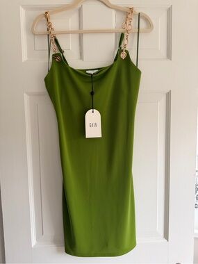 cult gaia Olive Green Midi Dress with Gold Chain Straps